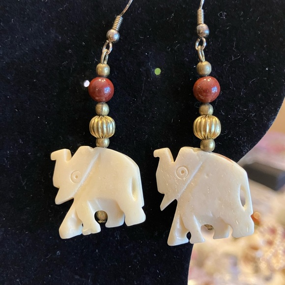 Bone  Elephant Dangle Earrings with Gold and Brown Accents - Women Jewelry - Picture 2 of 9